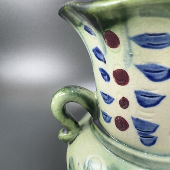 Vintage Japanese Ceramic Vase With Handles Vessel With Majolica Floral Pattern - Picture 5 of 16
